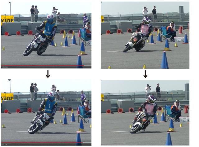 画像: 左はB級の江間選手&KSR110、右は私です。江間選手の方がハンドルも切れてバンクも深いことがわかります。 比較するポイントは、速度(バイクだけでなくて人間の動作も)・ハンドルの切れ角・バンク角・目線・フォームなど。 フロントフォーク、タイヤのつぶれ具合なんかも見る人も。