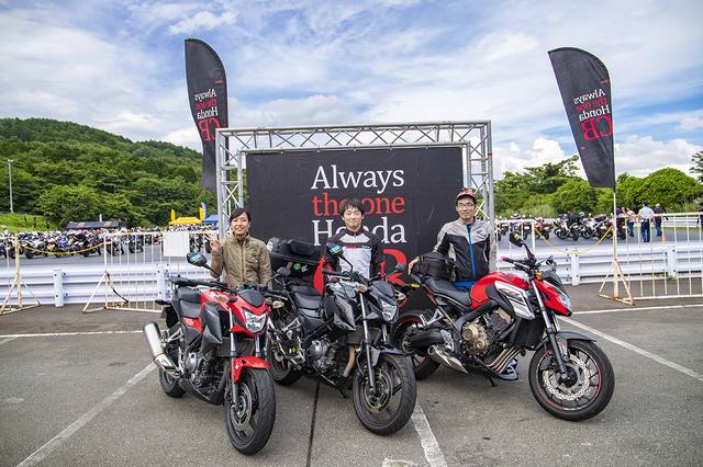 画像: 左から、Maiさん(22歳)&CB250F、わたゆうさん(26歳)&CB250F、矢田拓馬さん(36歳)&CB650F。