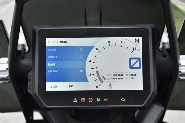 画像: メーターはカラーの6.5インチTFTディスプレイ。周りが暗くなると自動でバックが黒くなり明るさを調整。始動はキーレスエントリーで、ハンドルロックは右手側のイグニッションオン・オフスイッチを長押しでできる。