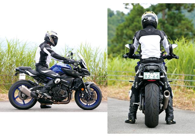画像: ライダー身長:176cm 車体サイズはライバル車と比べてもコンパクトな方だが、シート高はやや高め。タンデムやツーリングバッグ装着を考慮して、リアフレームを専用品にしているのだからシート高をもっと低くすることも可能なはずだが、ハンドリングへの影響から、これ以上低くしたくなかったのだろう。ただ、脚を真っ直ぐに降ろせるので、シート高の数値から想像するよりも足着き性はいい。