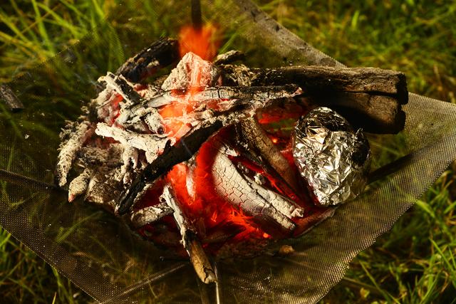 画像: アルミホイルの包み焼きは、焚き火の中に放り込むというより、燠(おき)の熱で焼く感じ。トングでひっくり返しながら、じっくり焼くとうまくいきます。