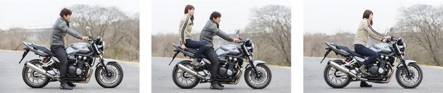 画像: 身長のある2人は、CB1300SFの足着き性には不満はなし。「足が着くからこの重量でも乗ってみようという気になりますね」とは大関さんのコメント。伊藤さんは自然でリラックスしたライディングポジションとシートの座り心地を高く評価。大関さんによると、リアシートも快適だが「前シートとの段差のせいか、目線が高いのでスピードが出るとちょっと怖いかも」とのこと。伊藤さんはライダーとの一体感足りないから! と言ってましたが(笑)。ライダー身長:179㎝、パッセンジャー身長:172cm