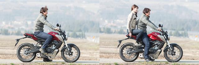 画像: 長身の伊藤さんが乗っても窮屈に感じることがないくらい、CB125Rのライディングポジションにはゆとりがある。シートは跨った瞬間にシート高の高さを意識させるが、車重が軽いために取り回しに不安を覚える人は少ないだろう。テーパータイプのハンドルバーは幅が広く、オフロードバイク的でもある。タンデムシートはあまり広くないので、二人乗りについてはあくまでエマジェンシー的な使い方と考えるのが、適当なのかもしれない。ライダー身長:179㎝、パッセンジャー身長:172cm