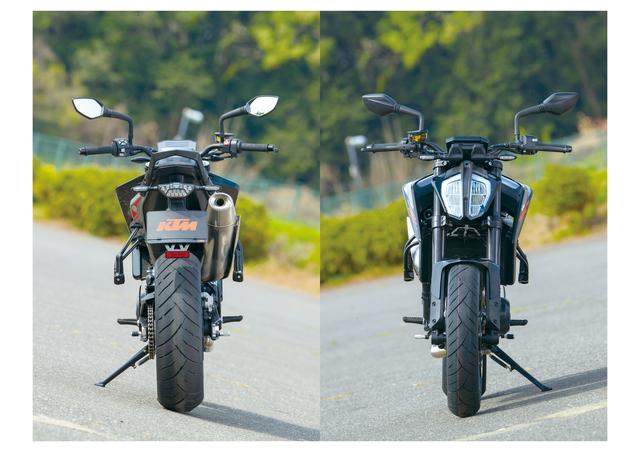 画像: DUKEシリーズのシャープなデザインはそのままに、並列2気筒エンジンを搭載。車重169kg(乾燥)に最高出力105PSの水冷エンジンは軽快そのものだった。