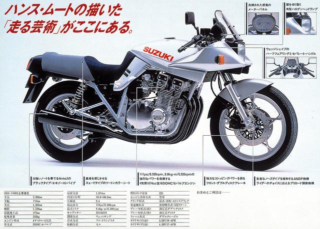画像: 1987 GSX1100S KATANA (SAE) すでにアルミフレームに油冷エンジンのGSX-R1100がデビューしていたが、星型キャストホイールにシルバーの単色カラー、シルバーエンジン、バックスキン調シートを採用した、初期型SZに酷似したSAE型が登場。ヨーロッパ向けの限定モデルとしてのラインアップだったが、実質的にはカタナ人気が急速に盛り上がり始めた日本への逆輸入を想定したモデルだった。タンクのSUZUKIのデカール色がオレンジではなく専用のレッドになったのに加え、フロントカウルサイド下のカバーには「1100LIMITED」のロゴが入る。
