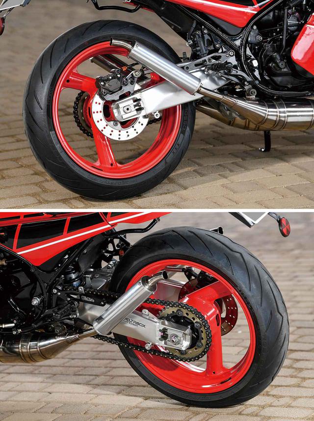 画像: デルタボックスタイプのスイングアームは1989年型FZR400用を流用。3本スポークのホイールと合わせ、見た目にも走りの進化が伺える。リヤショックはナイトロンの特注品。ブレーキキャリパーは前後ともに台湾のフランド(Frando)を装着した。