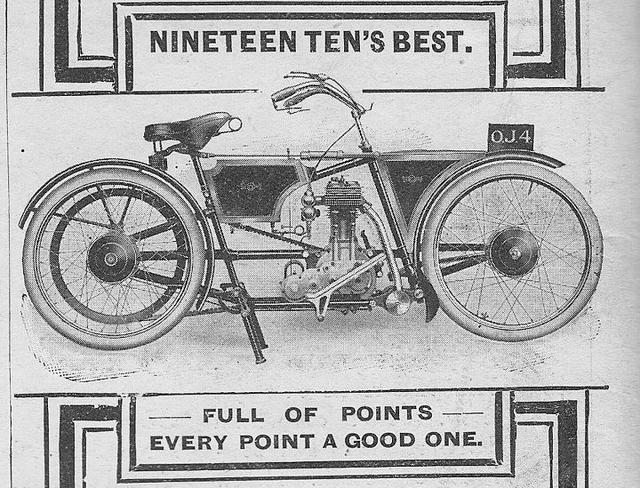 画像: 1910年、英国のザ・モーターサイクル・マガジンに掲載された、ジェームスの広告。前後片持ちサスペンションという、後のモト・エルフをイメージさせる斬新なデザインでした。 en.wikipedia.org