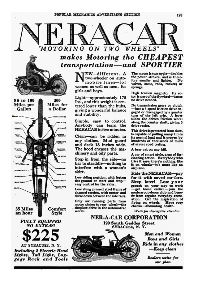 画像: 1922年のポピュラー・メカニクス誌のネラカーの広告。1ガロン(3.8リットル)の燃料で、85〜100マイル(136.8〜160km)・・・300マイル(482.8km)を1ドルで走れる経済性をアピールしています。 en.wikipedia.org