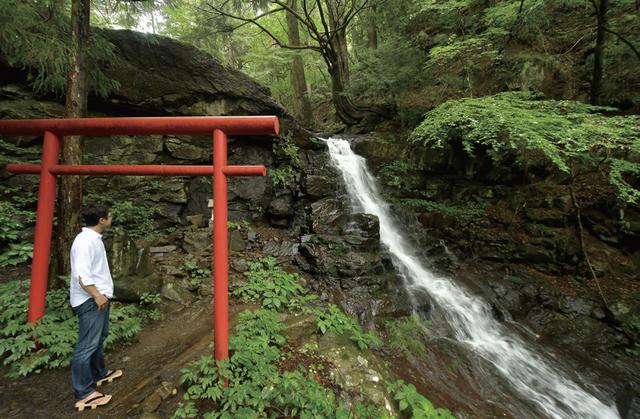 画像: 父の白滝 辿り着くと圧巻のひと言。滝も河口浅間神社の境内で、こちらにも小さなお社があります。ここの神様は、コノハナサクヤヒメの姑! なるほど、それで母の白滝なんですね。登山道を使ってさらに上へ行くと、父の白滝があります。間違えても下駄で登っちゃだめですよ。