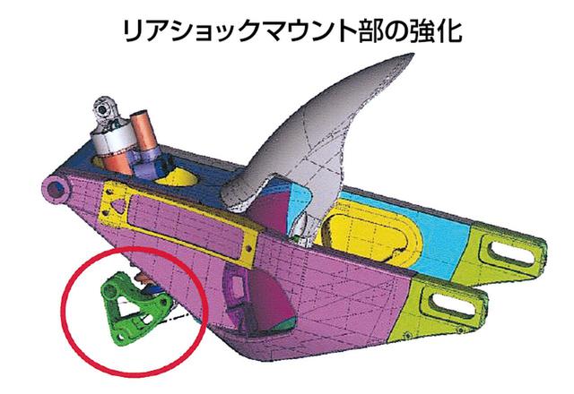 画像: 2006年型のリアサスペンションまわりは、各パーツのレイアウトは2005年型と同じだが、リアショックのマウント部を強化している。
