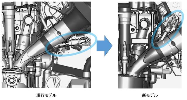 画像: <新作シリンダーヘッド・インジェクターによる進化した燃焼系>燃焼室とスロットルバルブの距離を短縮するため、シリンダーヘッドを新作。さらに新型インジェクターをバルブ傘裏狙いの斜流噴射にて採用します。