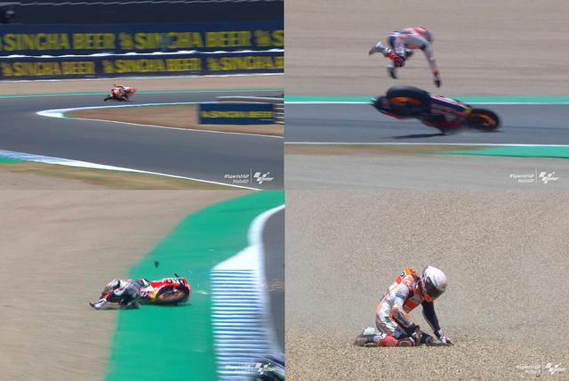 画像: 左上は一度目のスーパーセーブ! ここからグラベルへコースアウト、16番手あたりでコースに復帰しました 右上は追い上げ最中、3番手まで上がってのハイサイドの瞬間 左下ではグラベルに叩きつけられ、右下写真は右腕をだらーんと座り込むかルケス