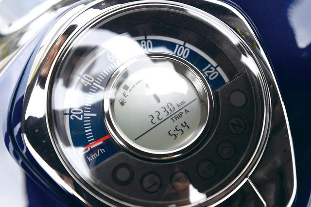 画像: スーパーカブC125のメーター。燃料満タン(3.7L)から223.0㎞到達!