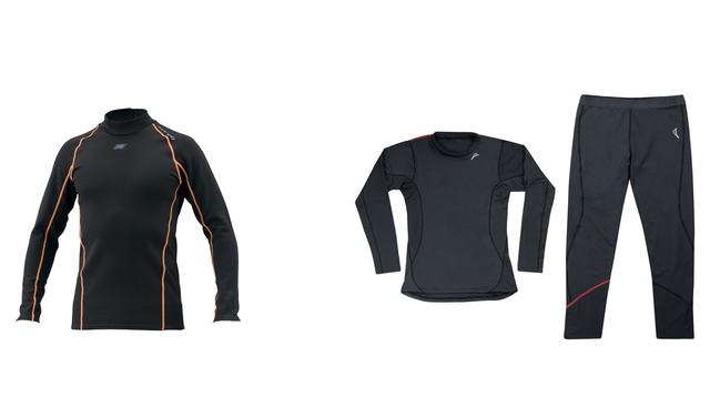 画像: 左:ヒョウドウプロダクツ https://www.hyod-sports.com ヒートアンダーシャツ 税別4,900円 右:クシタニ https://www.kushitani.co.jp セットアップアンダー 上下セット 税別1万8,000円