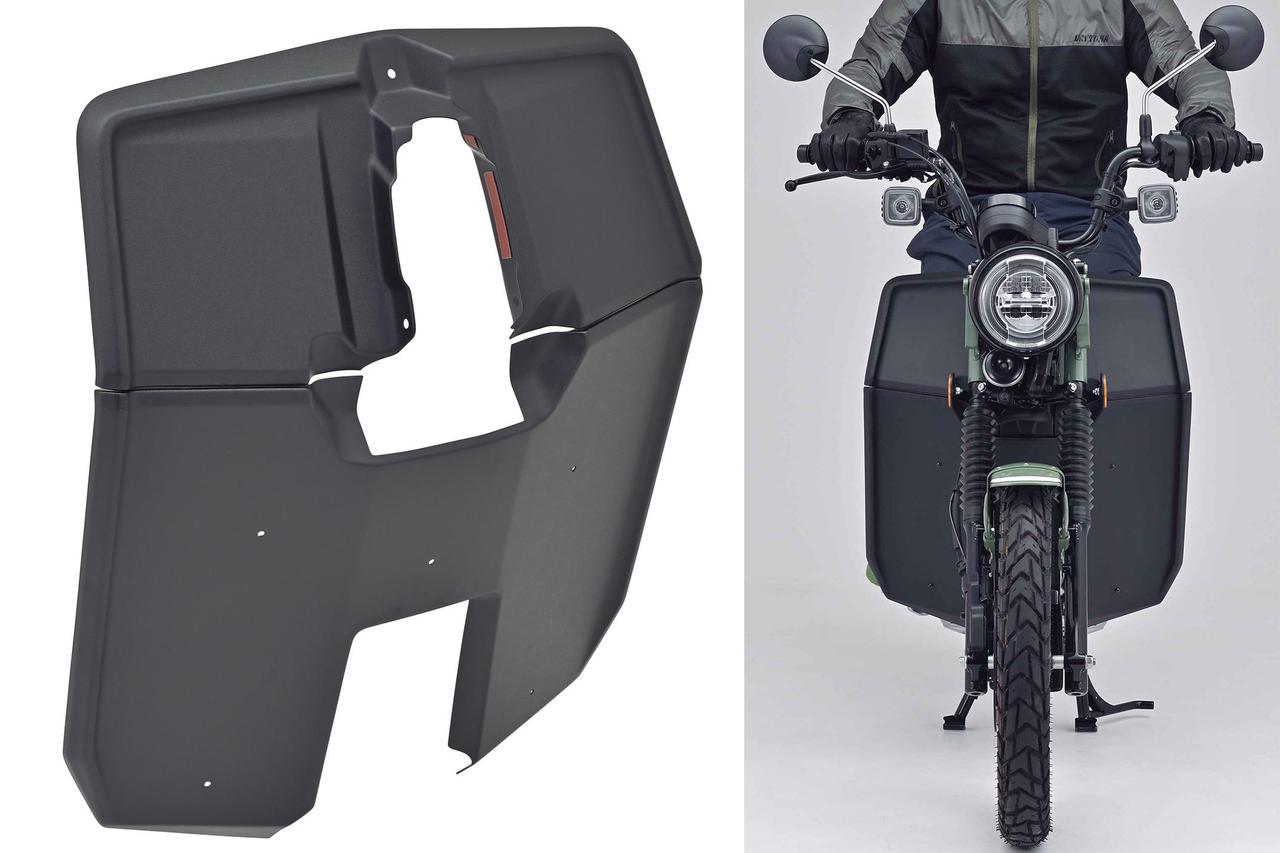 画像: スーパーカブシリーズを彷彿とさせるレッグシールド(税込3万7400円)。足元は防風しつつ、エンジン部分にダクト形状を採用することでエンジンの冷却をしてくれる優れもの。マットブラック以外にスモークタイプも用意。