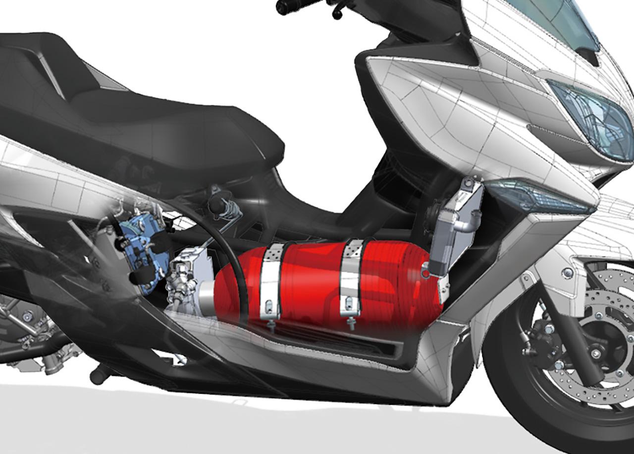 画像: エンジン本体はバーグマン400のものを流用。前後長の長い水素タンクを搭載するため、エンジンは後方にオフセットされる。