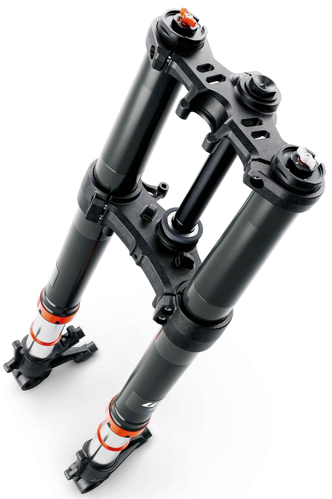 画像: ▲フロントフォークはΦ48mm径のWP製APEXオープンカートリッジ式でストロークは147mm。伸び＆圧側ダンパー30段およびプリロード変更が可能。