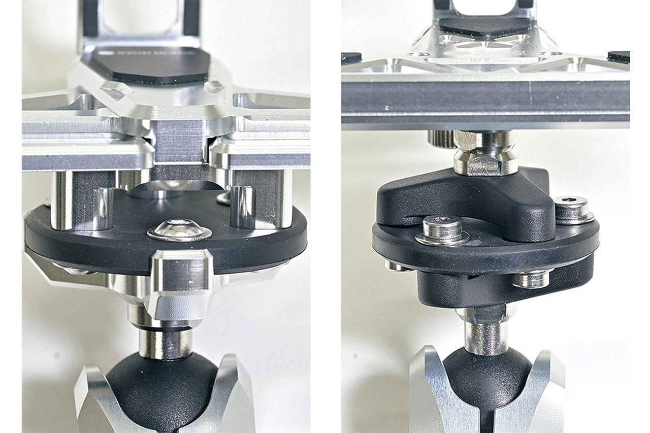 画像: ▲左が新モデル、右が旧モデル。大きな変更点として、従来モデルでは別売だった振動吸収ユニットをマウント一体型に変更。さらに防振ゴムも改良され振動吸収機能はそのまま、揺れ幅を抑制する。