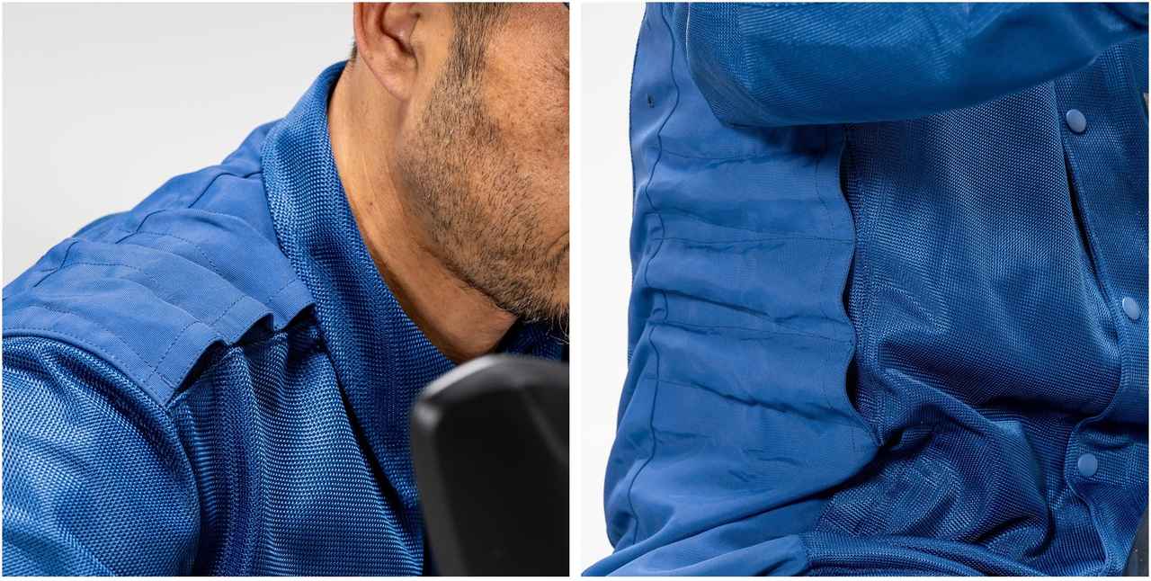 画像: 肩からは背中上部、脇からは背中下部に走行風を積極的に取り込み、熱がこもりやすい背中へ直接風を送り込む。汗を利用した気化熱効果で効率的に身体を冷却する。