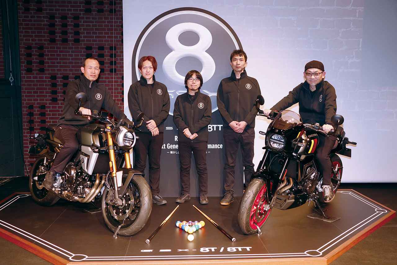 画像: スズキ「GSX-8T/TT」開発陣、写真左から 加藤幸生氏（チーフエンジニア）、佐藤洋輔氏（テストライダー） 小林銀河氏（電装設計）、柴山拓也氏（電装設計） 古橋伸介氏（デザイナー）