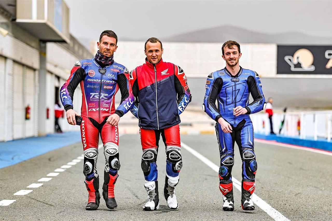 画像: F.C.C. TSR Honda France 2026のライダー3名。写真左から順に、Corentin Perolari（コロンタン・ペロラーリ）、Alan Techer（アラン・テシェ）、John McPhee（ジョン・マクフィー）。