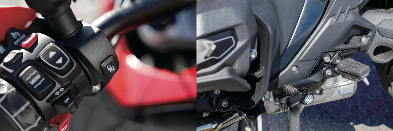 画像: スイッチボックス左側の「A/M」スイッチでATモードとMシフトモードを切り替え可能。もちろん、ATモード中でも任意のシフトは可能。クラッチレバーはなくなったが、シフトチェンジ操作はボタンではなく、従来通りシフトペダルで行なうので、マニュアル車に乗り慣れたライダーでも違和感がないのもポイント。