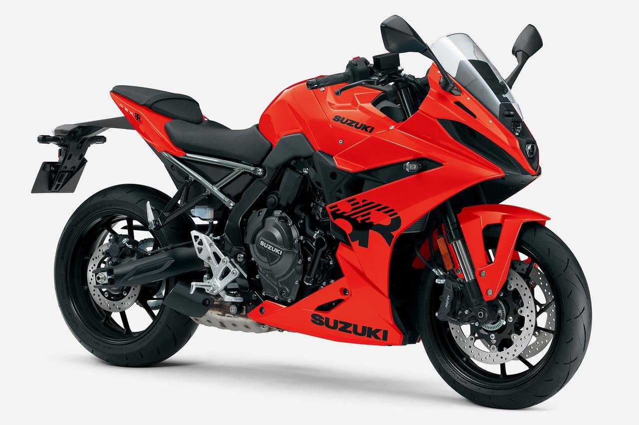 画像: SUZUKI GSX-8R 2026年モデル 総排気量:775cc エンジン形式:水冷4ストDOHC4バルブ並列2気筒 シート高:810mm 車両重量:205kg 価格:124万3000円 発売:2026年4月15日、5月26日(オレンジ)