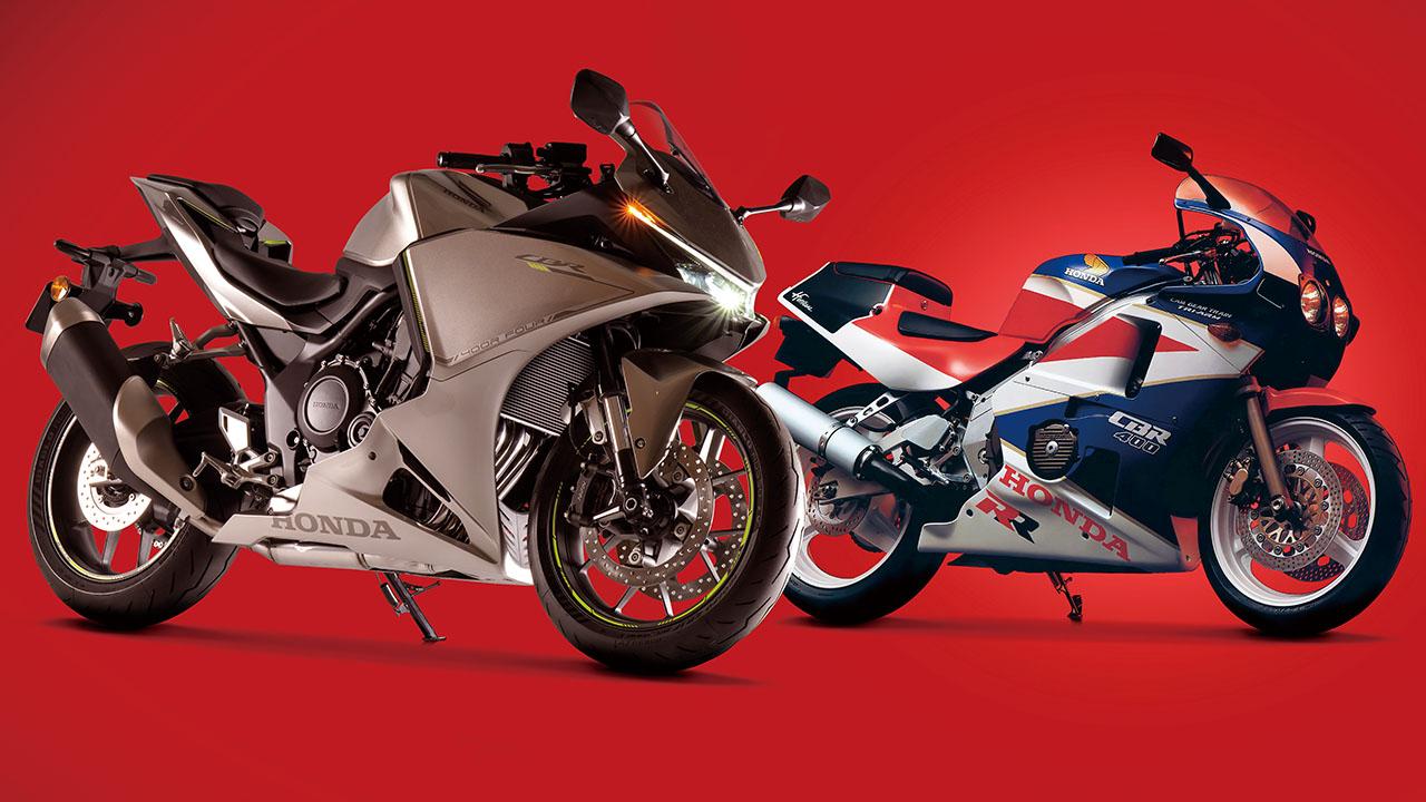 画像: Honda CBR400R FOUR E-Clutch Concept（左） 2026年 新開発直列4気筒エンジンとラムエア、電子制御スロットルにEクラッチを組み合わせ、「普段使いから得られる高揚感」をテーマに扱いやすさと高回転直4の胸のすくフィーリングを両立した次世代ヨンヒャク4気筒のフルカウルスポーツのコンセプトモデルだ CBR400RR（右） 1988年 カムギアトレーン採用の59PS高回転直4とアルミツインチューブフレームを組み合わせた400レーサーレプリカで、RCB400風のレーシングスタイルとともにF3レースでも高い戦闘力を見せたモデルだ。