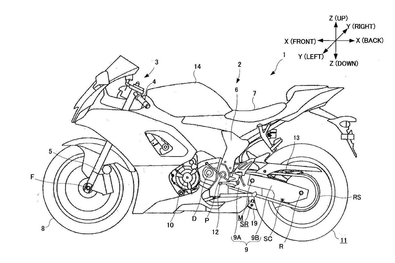 画像: 特許図版はYZF-R1をベースにしている。