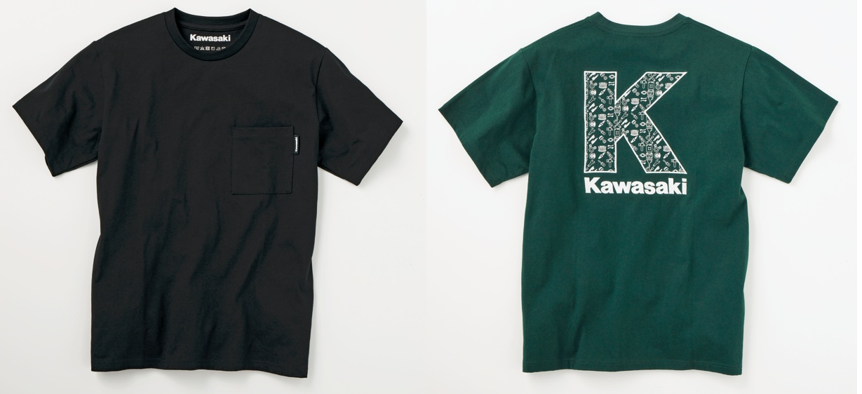 画像: 背中の「Kawasaki」の刺繍ロゴとツールモノグラムプリントがポイントです。イニシャルKは刺繍で表現。ライディング以外の様々なシーンでもおすすめのデザインだ。フロントにはさりげなくポケットとロゴネーム付き。