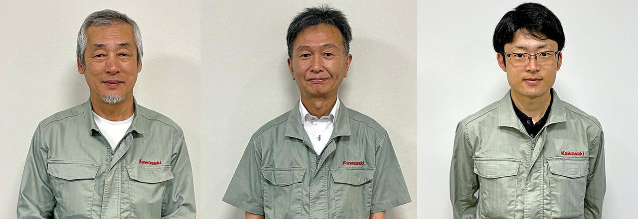 画像: 猪野 精一氏（デザイン担当）（左） カワサキモータース株式会社 事業戦略本部 デザイン部 CMF課 松本 孝史氏（エンジン担当）（中） カワサキモータース株式会社 パワートレイン開発総括部 GPE開発部第一課 高田 裕人氏（電子制御担当）（右） カワサキモータース株式会社 技術管理総括部 電子制御部第一課