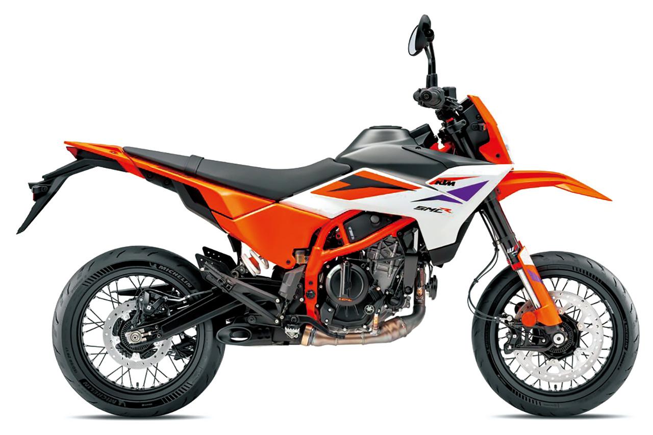画像: KTM 390 SMC R 総排気量：389.7cc エンジン形式：水冷4ストDOHC4バルブ単気筒 シート高：860mm 車両重量：161kg 発売日：2025年8月 税込価格：85万9000円