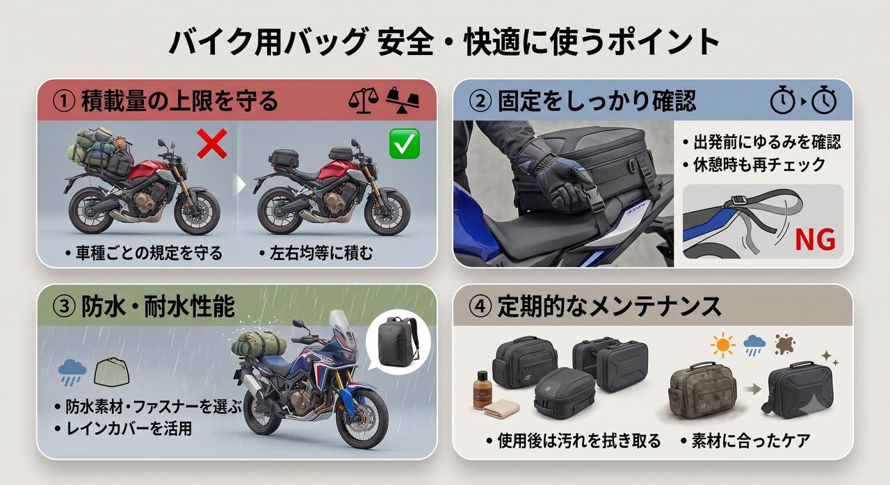 画像: バイク用バッグを快適に使うためのポイント