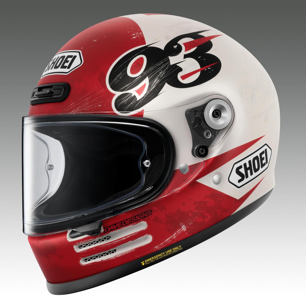 画像: SHOEI Glamster MARQUEZ DUSTY RACE サイズ：S（55cm）、M（57cm）、L（59cm）、XL（61cm）、XXL（63cm） カラー：TC-1（RED／WHITE）※マットカラー 規格：JIS規格 価格：7万9200円（税込） 発売：2027年1月予定 販売形態：受注期間限定モデル