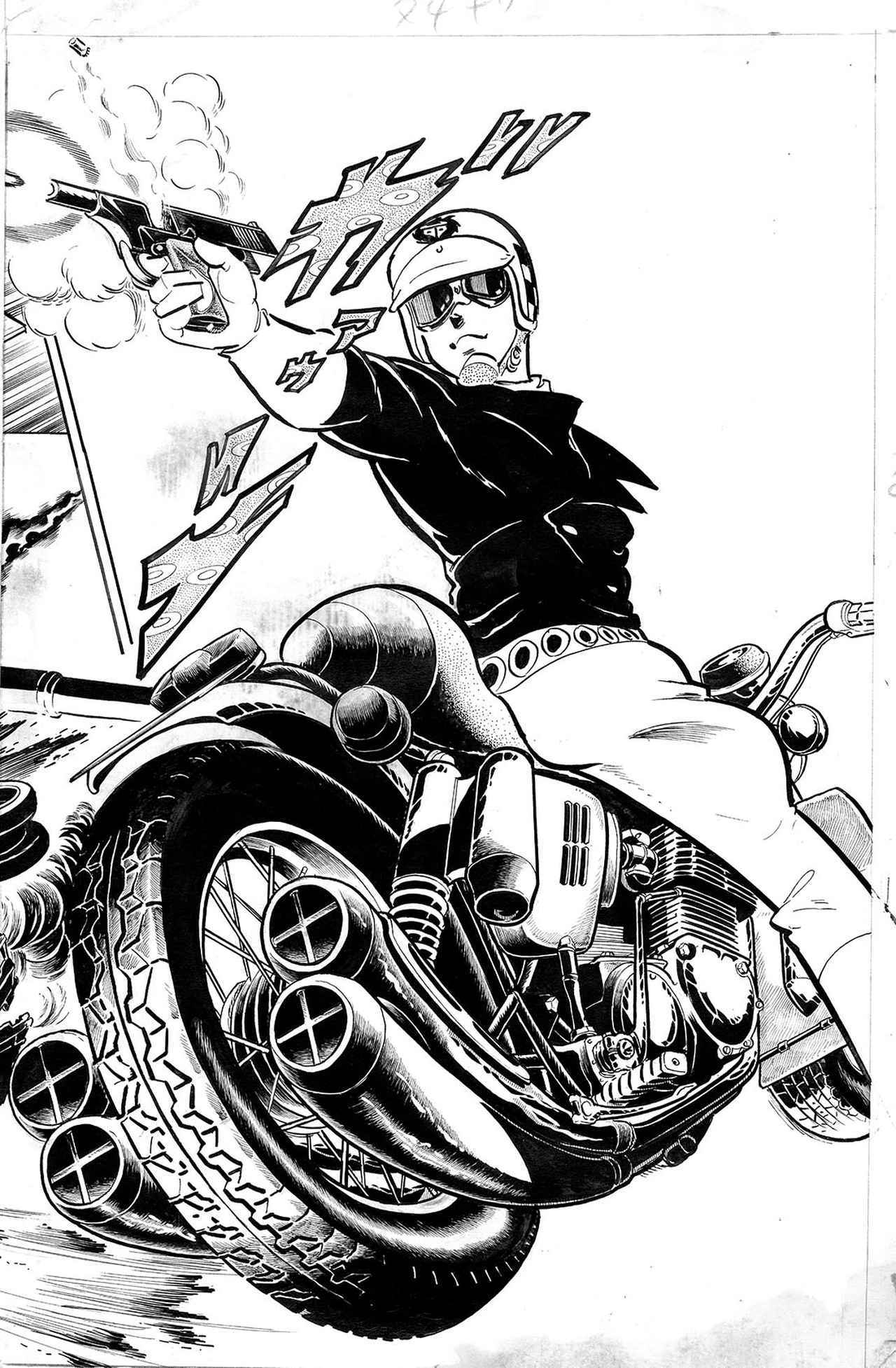 画像: 飛葉が乗るCB750FOURは、1979年の『ワイルド7』連載終了まで一貫して「K0」。イラストの銃はコルト・ウッズマンだが、車体右側のショットガンホルダーにはレミントンM31を装備する。 ©望月三起也