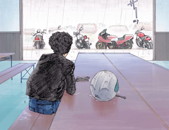画像: 雨に濡れるバイク達を眺めがら、引き返そうかどうか悩む男。