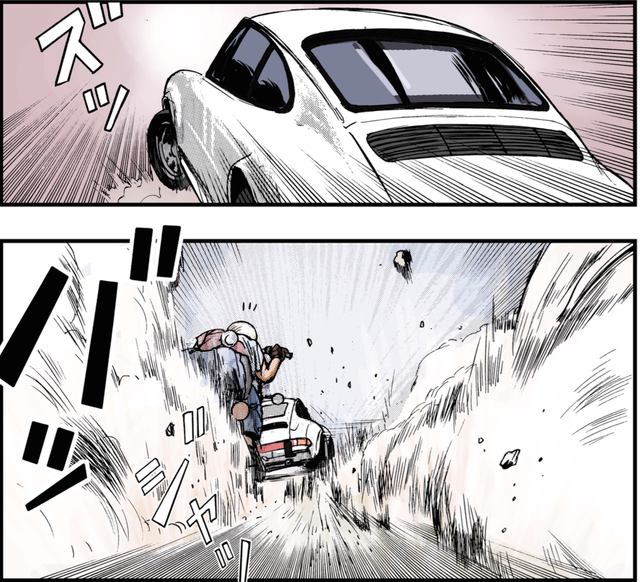 画像: しかし、911もまた加速してキリンの前に出る。 ©東本昌平先生/モーターマガジン社