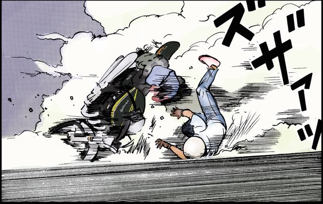 画像: 911が作る砂けむりに邪魔されて転倒してしまうキリン ©東本昌平先生/モーターマガジン社