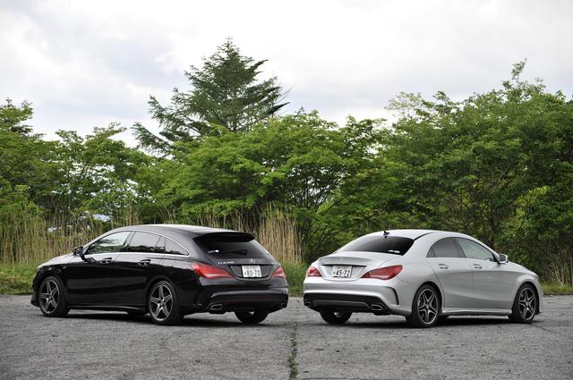 画像: メルセデスベンツCLA250シュポルト 4マティック シューティングブレーク(左)とメルセデスベンツCLA250 4マティック(右)。どちらもリアスタイルが特徴的だ。