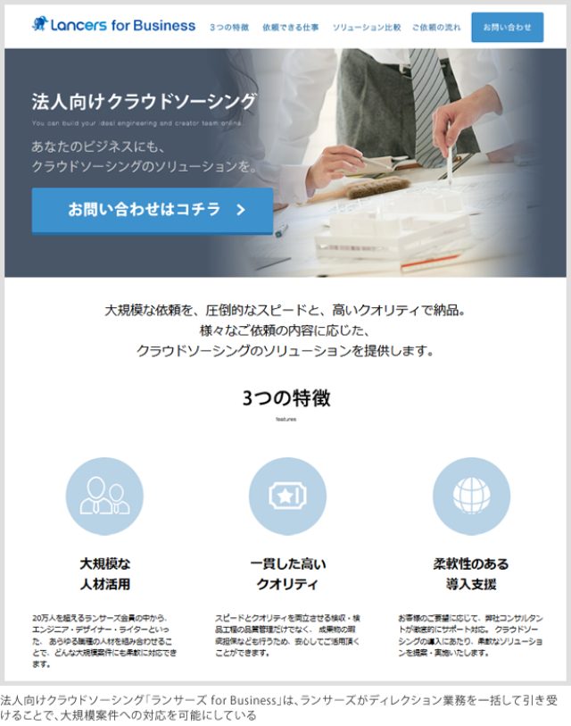 画像: 法人向けクラウドソーシング「ランサーズ for Business」は、ランサーズがディレクション業務を一括して引き受けることで、大規模案件への対応を可能にしている