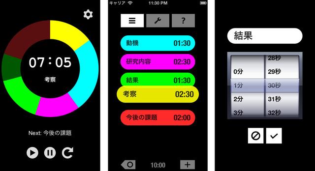 画像: 「見えるプレゼンタイマー」の画面例。動機・研究内容・結果・考察・今後の課題を、それぞれ何分かけて話すのか設定すると、色分けされたタイマーで時間を測れるようになる