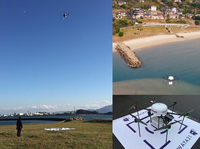 画像: 福岡県の能古島などで行われたドローンによる宅配サービスの実証実験の様子。