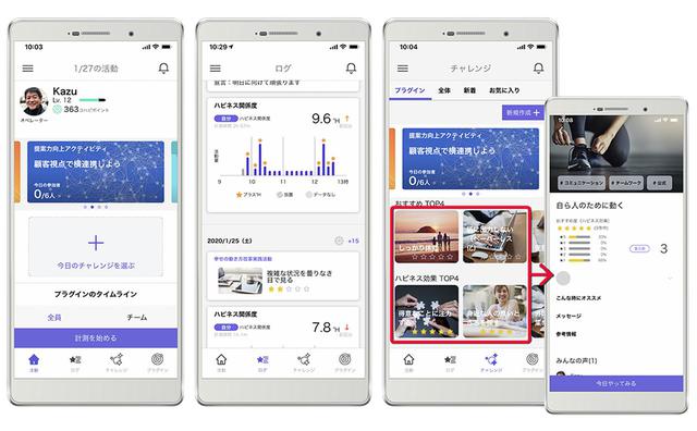 画像: ハピネスプラネットの画面例。ユーザーの日々の幸福度の推移がわかるほか、仕事の中で取り組むべき行動を「今日のチャレンジ」としてレコメンドしてくれる。