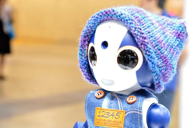 画像: 今年もロボット‐AIコーナーにSotaを出展。コミュニケーションロボットの応用を提案した。帽子は担当者の家族が制作したもの。3日間日替わりで着替えていた。