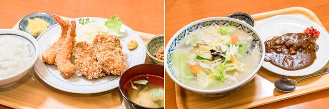 画像: (左)人気のエビフライはうすめの衣の中に身がぎゅっと詰まって食べ応えあり。マグロのフライとセットに。(右)しゃきしゃき野菜がたっぷりのったタンメン+ミニカレーはベストマッチ。