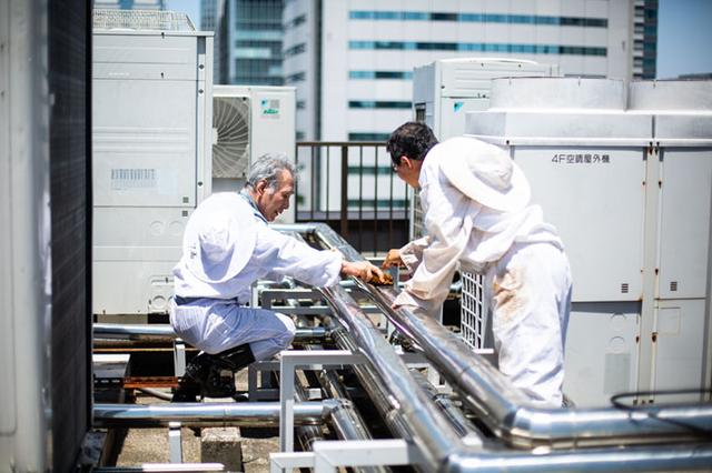 画像: 採蜜が終わると、手際よく遠心分離機や器具を水洗い。場所が屋上のため室外機などの設備もあり、蜜がこびりつかぬよう、念入りに磨く