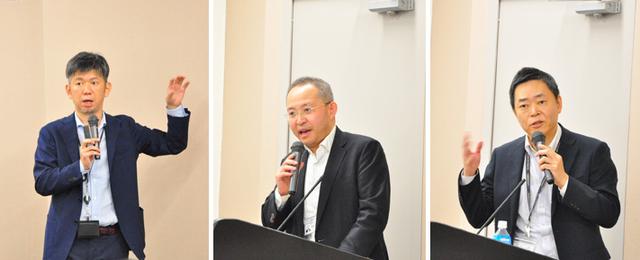 画像: (左) ユニアデックスIoTビジネスの責任者 山平 。会社紹介、製造系IoTの世界とアジアにおける経済政策動向、当社のDX/IoTビジネスのコンセプトと取り組み内容、事例を紹介した。「政府機関に対して、アドバイスや支援、IoT関連の提案をしているのか?」など参加者から質問があがった。(中央) ユニアデックスIoTビジネスの担当者 鈴木 。製造系IoTの取り組みを紹介。(右) ユニアデックスIoTビジネスの担当者 椿 。養豚IoTの取り組みを紹介。