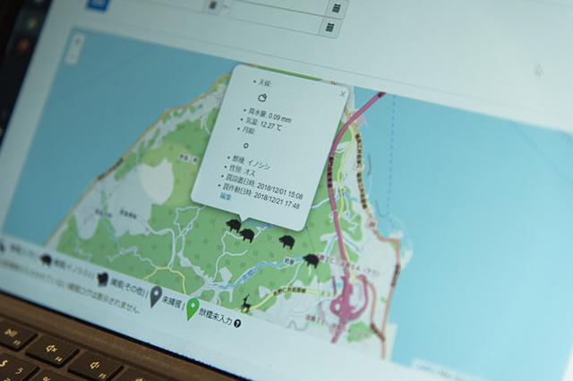 画像: 「ジビエクラウド」の、捕獲動物の確認画面。自動的に記録される罠の作動日時などのほか、獣種、性別、加工情報などを別途入力でき、狩猟日誌や消費者に対する安全性アピールなどにも利用できる