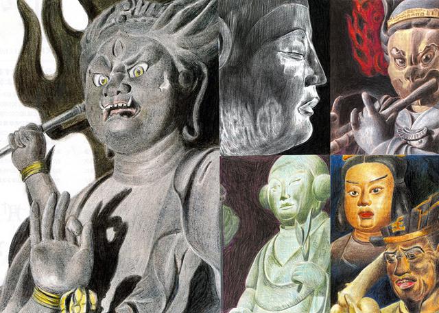 画像: こちらもみうらさんがこれまで描いてきた「ニュー仏画」たち。迫力と共にその丹念な描写が圧巻だ。写真左は、この世の一切の不浄を焼き尽くす烏枢沙摩明王立像(興法寺/大阪府)。写真中央上が、釈迦如来坐像(室生寺/奈良県)。中央下は太郎天像(長安寺/大分)。そして写真右上が迦楼羅像(三十三間堂/京都府)、同右下は難陀龍王立像&雨宝童子立像(長谷寺/奈良県)