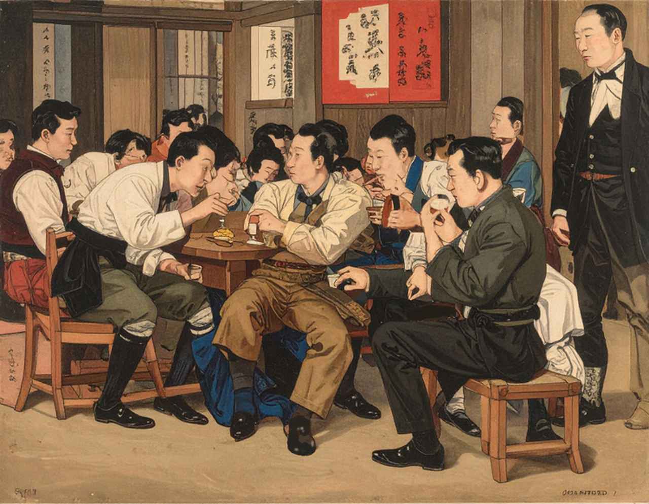 画像: これも生成AIで描いてます(あいかわらず人間の身体の描写が苦手だ…)。江戸時代は小上がりや軒先の長椅子で飲んでいましたが、明治時代にはテーブルと椅子で飲む居酒屋が増えていきました